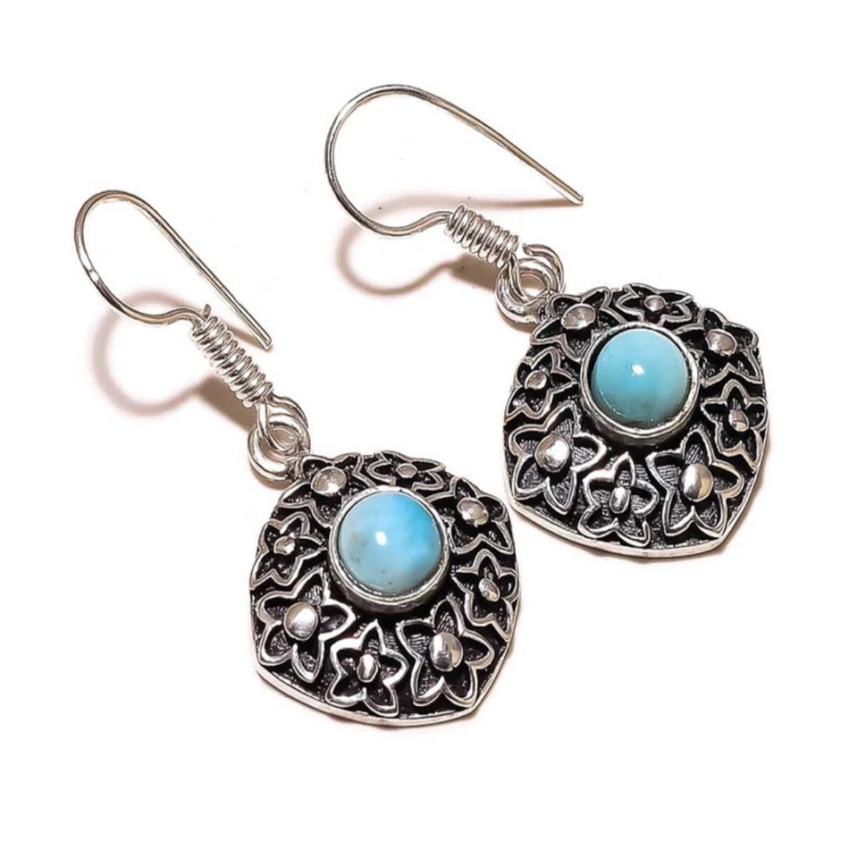 Pendientes colgantes caribeños Larimar redondos hechos a mano oxidados grabados Foto 1 de 1