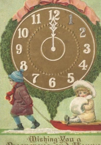 Vintage NEW YEAR Postcard Series 203B Stecher Lith. Boy pulling Girl in Sled - Picture 1 of 5