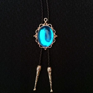 Men BOLO Tie Vintage Blue Gem Cabochon Necklace Wedding Alloy Western Cowboy - Picture 1 of 9