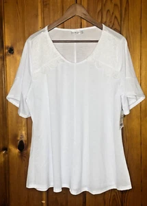 KIM ROGERS Top/Bluse WEISS Strukturstrick HÄKELRÜCKEN Stretch ÜBERGRÖSSE 1X - Bild 1 von 8