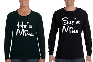 Matching Couples He's She's Mine Love Valentine's Long Sleeve Men Women Shirts - Picture 1 of 5
