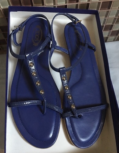 TOD’S Tod's sandalo piatto donna cinturino blu vernice misura US 9M NUOVO