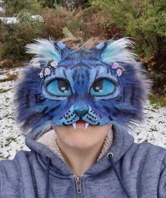 High quality handmade fluffy blue tiger cat therian cosplay mask with flowers - Image 1 of 4
