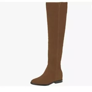 Brown Women Almond Toe Knee High Boots with Partial Zipper Stretchy Long Boot - Picture 1 of 7