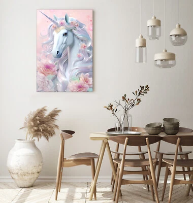 Pastel Unicorn with Flowers Print Framed Canvas Wall Art Picture Decor Room - Image 1 of 4