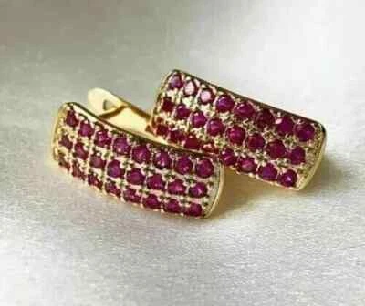 1.20Ct Round Cut Lab Created Red Ruby Huggie Hoop Earring 14K Yellow Gold Plated - Image 1 of 4