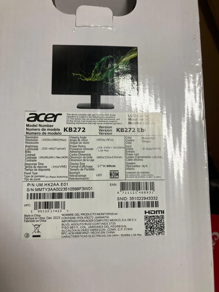 new Acer 27" Full HD IPS Computer Monitor, AMD FreeSync, 100Hz Refresh Rate - Image 1 of 1