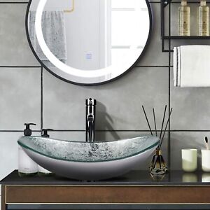 Bathroom Vessel Sink Vanity Tempered Glass Basin Bowl Faucet Pop Up Drain Combo