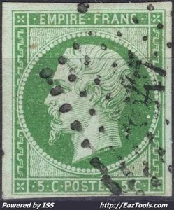 FRANCE NAPOLEON III NON DENTELÉ 5c VERT FONCÉ N° 12b AVEC OBLITERATION PC - Picture 1 of 2