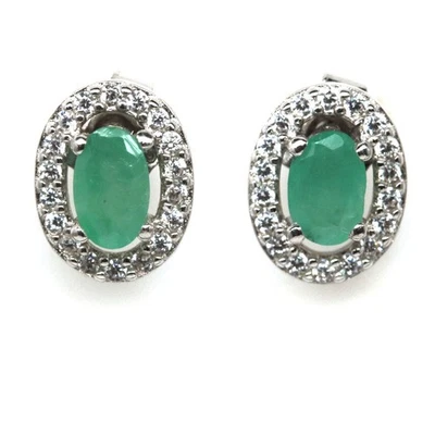 Plata de ley 925 3 x 5 mm. Pendientes de circón verde esmeralda y blanco Foto 1 de 4
