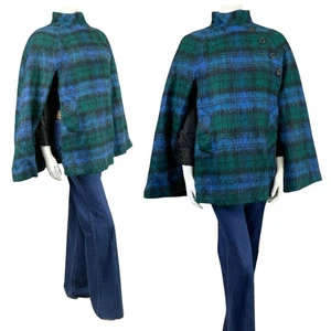 VTG 60S 70S MOD BLUE GREEN BLACK PLAID MOHAIR WOOL BLEND FUNNEL NECK CAPE 10 - Picture 1 of 9