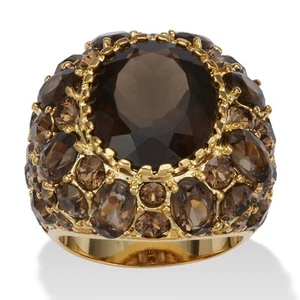 13.36 TCW Oval-Cut Genuine Smoky Quartz Crystal Yellow Gold-Plated Ring - Picture 1 of 6
