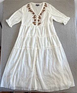 Roaman's Dress Womens 20W White Long Maxi Gold Beaded Boho Peasant Button Up - Picture 1 of 12