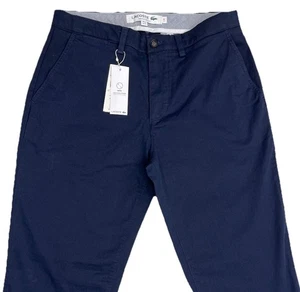 Men's Lacoste Flat Front Stretch Chino Pants 33 x 34 Navy Blue Regular Fit NEW - Picture 1 of 6
