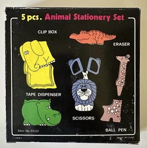 Vintage JSNY Animal Stationery Desk Set 1980s Tape Dispenser, Scissors, Clip Box - Picture 1 of 4