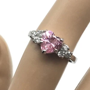 Clear & Pink CZ Heart Silver Tone Ladies Band Ring Size 5.75 - Picture 1 of 7