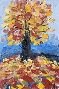 Original oil on canvas painting fall landscape yellow tree mini artwork 6x4" - Picture 1 of 4