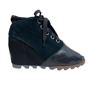 SOREL Womens Wedge Ankle Booties Joanie Black Mesh Suede Leather Peep Toe 9-9.5 - Picture 1 of 10
