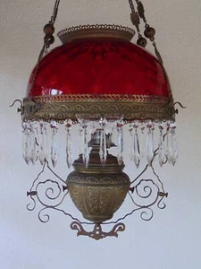 authentic VICTORIAN HANGING OIL LAMP CHANDELIER ruby red glass prisms brass - Picture 1 of 20