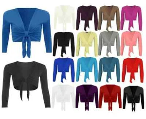 WOMENS PLAIN TIE KNOT SHRUG LADIES CROPPED BOLERO LONG SLEEVE TIE UP FRONT TOP - Picture 1 of 20
