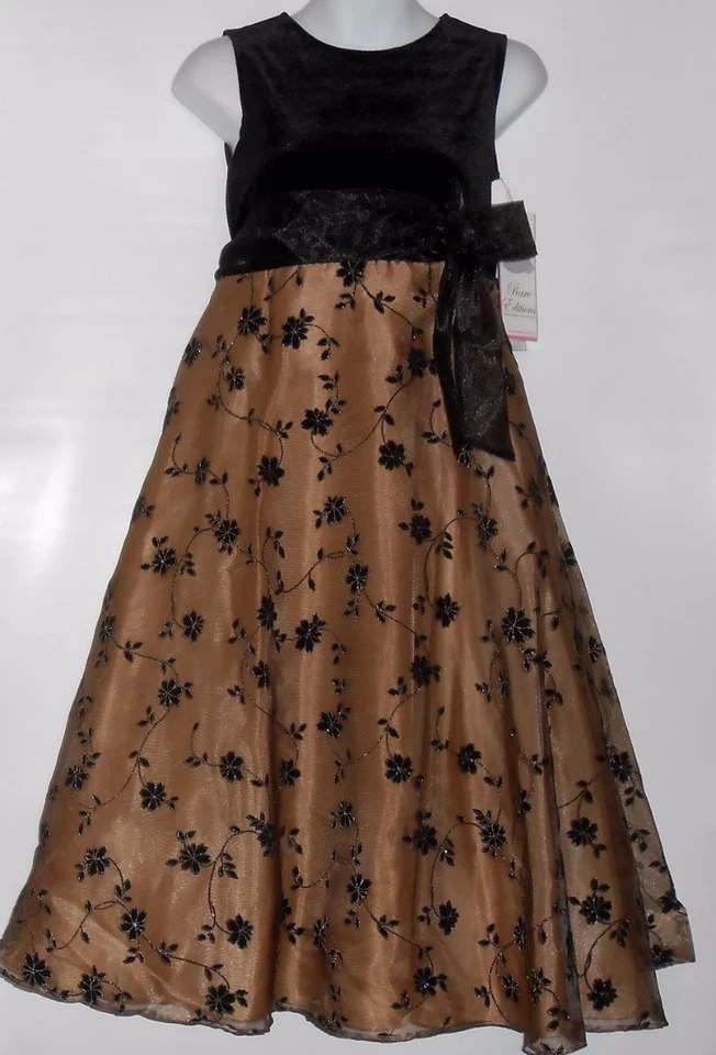 Rare Editions Girls Velvet & Chiffon Tea Lenght Party Dress Gold 14 NWT - Image 1 of 1