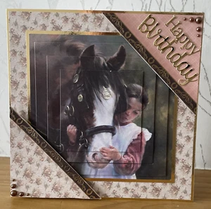 Handmade 8"x8" Horse & Girl Themed Pyramarge Design Birthday Card - Picture 1 of 4