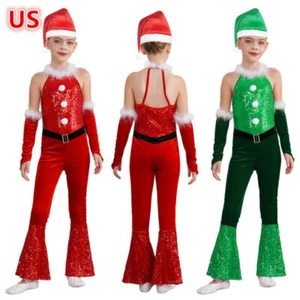 Christmas Costume for Kid Girl Shiny Sparkle Flared Jumpsuit with Xmas Santa Hat - Picture 1 of 24