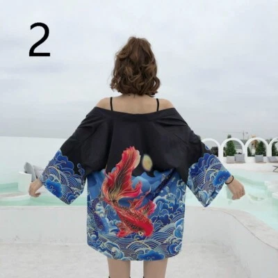 Women Fish Japanese Kimono Coat Loose Yukata Outwear Tops Vintage Harajuku Blue - Image 1 of 4