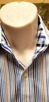 Camisa masculina Thomas Dean vestido médio punho flip listrado azul branco - Imagem 1 de 4