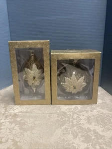 Set Of 2 Domain Timeless Holiday Lg Glass Ornament Gold & Cream Flower IOB - Picture 1 of 20