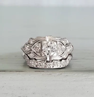 Art Deco Style Lab Created Diamond 14K White Gold FN Engagement Bridal Ring Set - Image 1 of 4