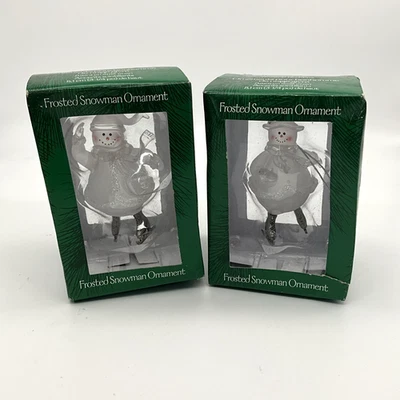 Frosted Snowman Ornaments 2 Glass Pewter Look Skates Glitter Accents 3.25" - Image 1 of 4