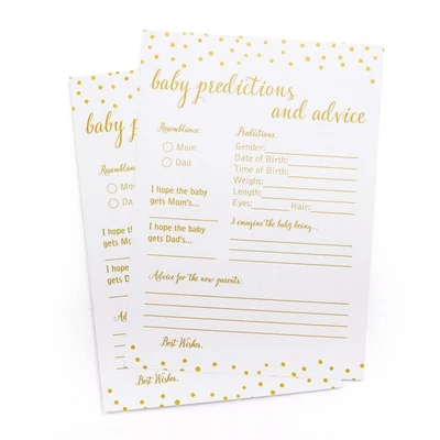 50 predicciones y consejos para bebés - confeti dorado - juego de baby shower, tarjeta de mamá y papá Foto 1 de 4