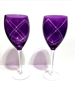 Pier 1 Diamond Etched Wine Water Glasses Plum Purple  9.25” Tall  Set Of 2 - Picture 1 of 18