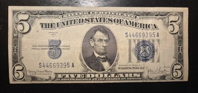 1934-D $5 Silver Certificate • Blue Seal Note • Rare Vintage Collectible Bill - Image 1 of 2