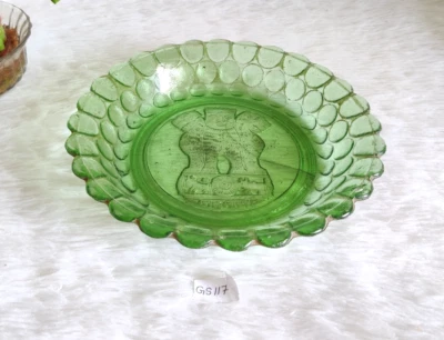1940 Pre Independence Indian National Emblem Green Glass Bubble Plate Boho GS117 Foto 1 de 4