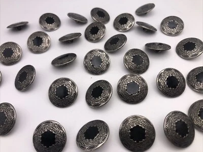 Silver Shank Round Button w/ Black Rhinestone Hieroglyphs Leaf Border 21mm D811G - Image 1 of 4