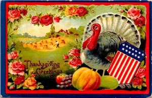 Postal Patriótica Acción de Gracias Saludos Pavo Bandera Frutas Flores 14517 - Imagen 1 de 2