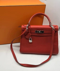 Hermes Kelly 28 Geranium Veau Togo Leather Retourne Palladium Plated 2012PSquare - Picture 1 of 12
