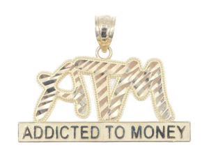 High Shine Diamond Cut 10KT Yellow Gold "Addicted to Money" ATM Necklace Pendant - Picture 1 of 12