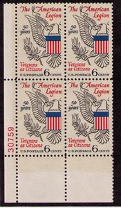 US USA Sc# 1369 MNH FVF Plate # Block American Legion Eagle Olive Branch Veteran - Picture 1 of 1