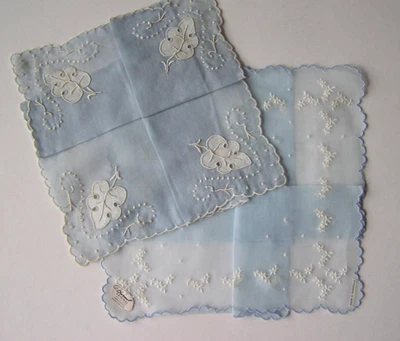 Hankies Vintage 2  Burmel And Maderia Embroidered Light Blue Fabric With Tags - Image 1 of 4