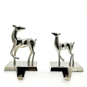 Two Silver Metal Doe Christmas Stocking Hangers Mother And Child Cottagecore - Picture 1 of 9