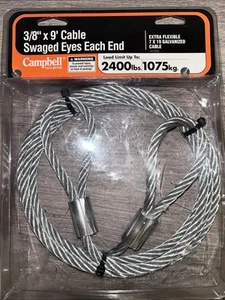 3/8" x 9’ Galvanized Cable with Swaged Eye Each End Limit 2400 lbs. Tow - Picture 1 of 4