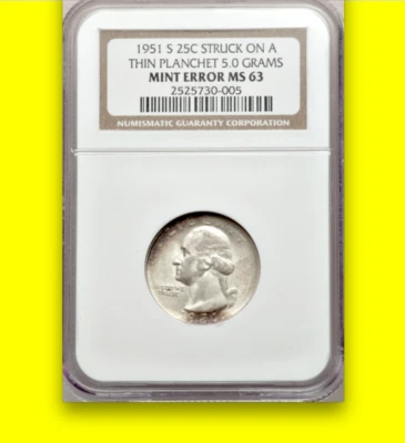 1951-S NGC MS63 Thin Planchet 5 Gram ✅ Error/Pattern Washington Quarter RARE 25C - Image 1 of 2