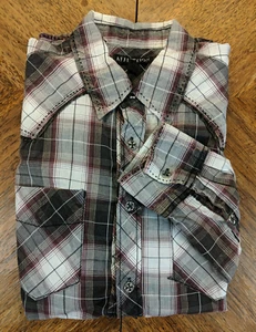 Y2K Affliction Shirt Adult Medium Plaid Metal Button Embroidered Plaid L/S - Picture 1 of 11