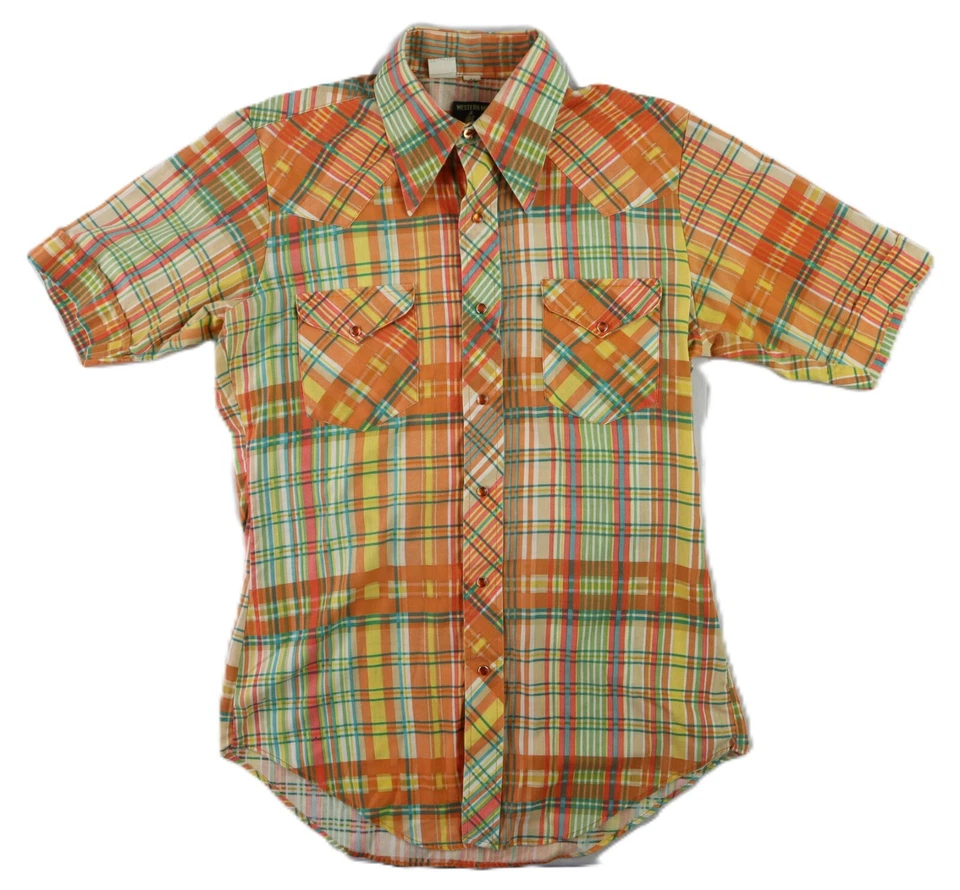 Camisa De Colección Años 70 SEARS WESTERN WEAR US Para Hombre 15 Naranja A Cuadros Manga Corta Foto 1 de 4