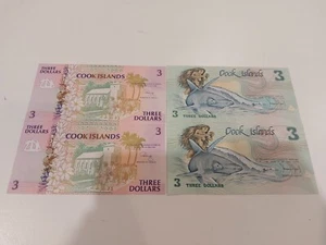 Cook Islands 3 Dollar 1987 1992 Aunc/UNC aufeinanderfolgende Banknoten Südpazifik 3 $ - Bild 1 von 2