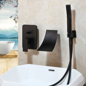 Bathroom Black Wide Spout Tub Wall Mount Faucet 1 Hand Spray Mixer Shower Tap - Picture 1 of 11