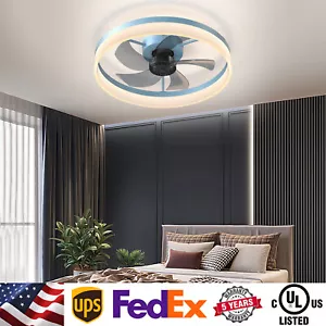 20" Modern Flush Mount Ceiling Fan Light Kit w Remote Dimmable Blue LED Fixture - Picture 1 of 9